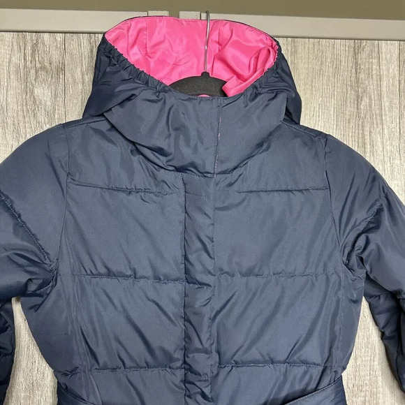 Crewcuts Girls Puffer Jacket Navy and Pink Hooded Long Pockets Size 8 - Picture 2 of 8